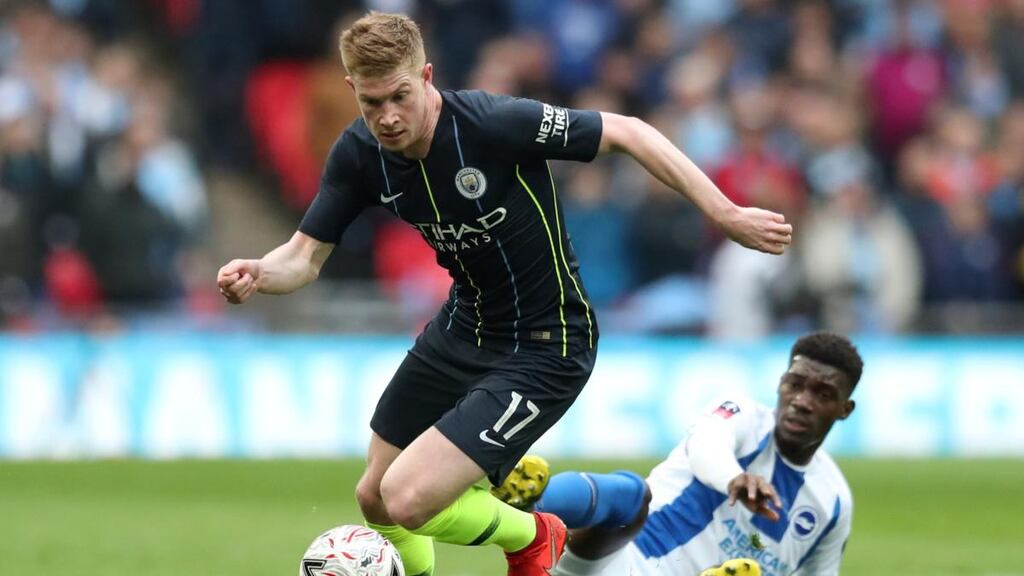 Manchester City’s Kevin De Bruyne in action in their FA Cup semi-final win over Brighton on Saturday. Photograph: Jon Super/Reuters