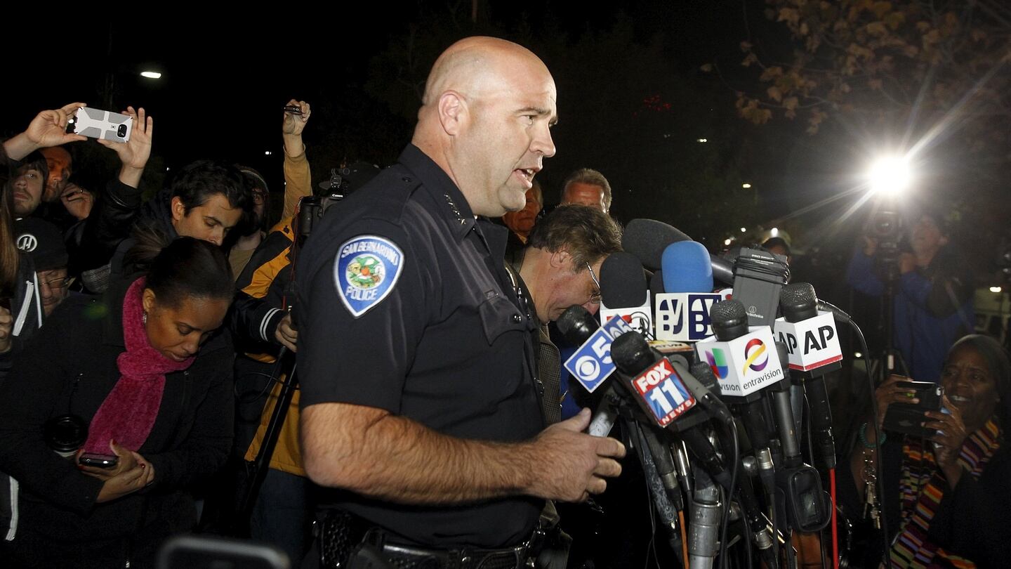 San Bernardino police chief Jarrod Burguan speaks at a news conference, following the incident. Photograph: Alex Gallardo/Reuters