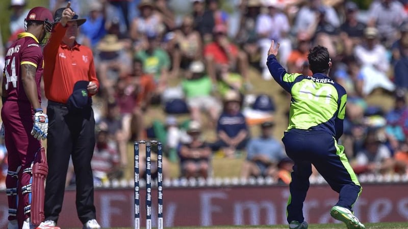 George Dockrell appeals for an LBW call on Denesh Ramdin and is given it by umpire Bruce Oxenford as West Indian batsman Lendl Simmons looks on. Photograph: Marty Melville/AFP/Getty Images