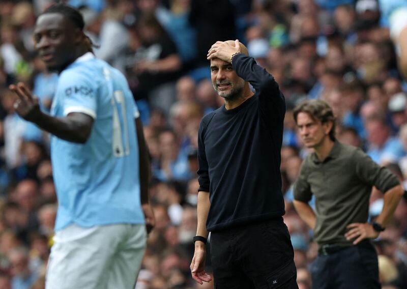 Manchester City manager Pep Guardiola reacts on the sideline during the game against Tottenham Hotspur. Photograph: Darren Staples/AFP via Getty Images