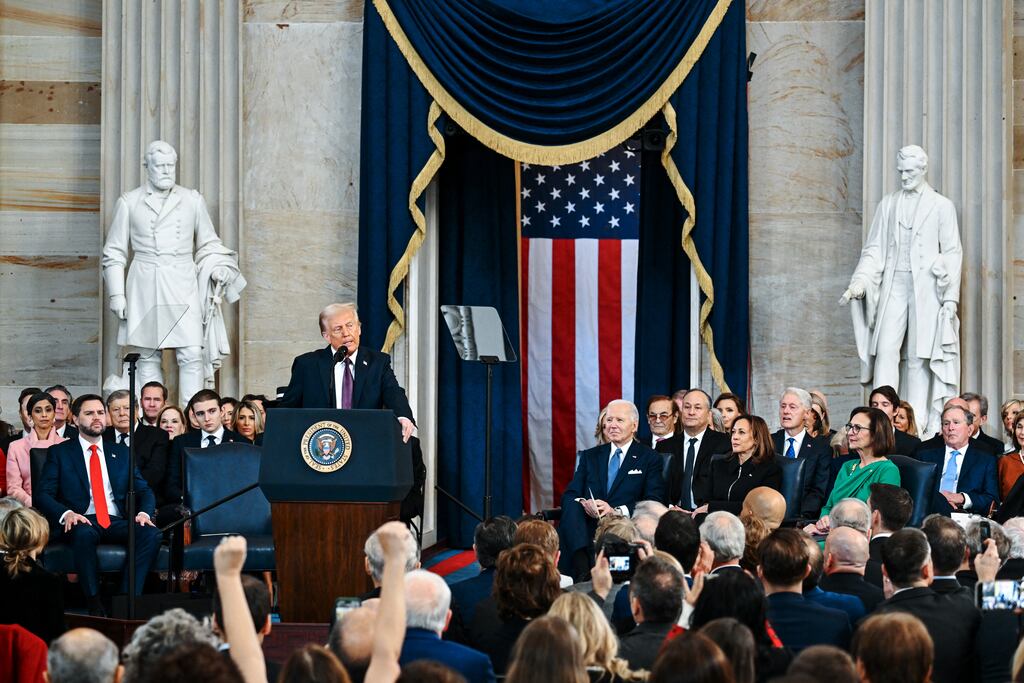 US president Donald Trump speaks during his inauguration at the US Capitol building in Washington on Monday. Photograph: Kenny Holston/ New York Times/AFP via Getty Images