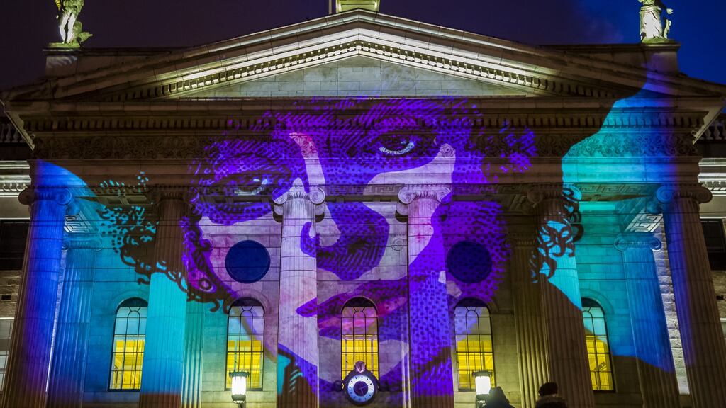 Suffragette and trade unionist Countess Markievicz, artwork by Jim Fitzpatrick, illuminating the GPO for the 2018 Herstory Light Festival in celebration of the centenary of the Irish Women’s Suffrage. Photograph: HerStory