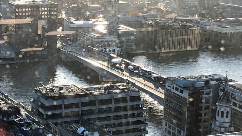 Photo showing a white truck across part of the road at a terrorist incident on London Bridge in central London. Photograph: @SophK05/PA Wire