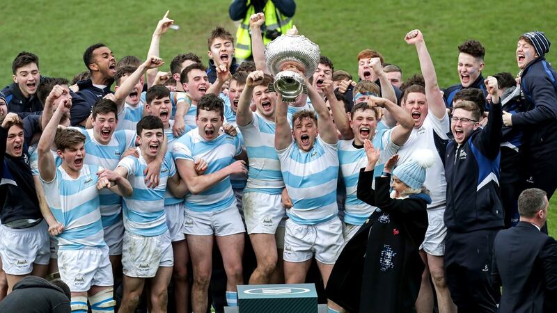 Blackrock College celebrate their Bank of Ireland Leinster Schools Senior Cup Final win over Belvedere College at the RDS. Photograph: Laszlo Geczo/Inpho