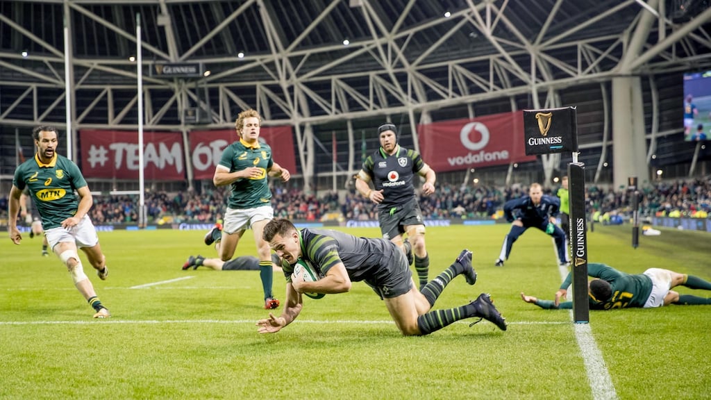 Ireland’s Jacob Stockdale scores his late try. Photograph: Morgan Treacy/Inpho