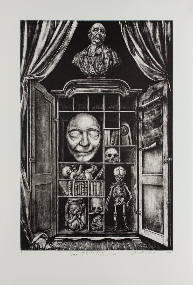 In Splendide Mendax – Verba Volant, Scripta Manent the crude clock alludes to the found object that inspired Jessica Traynor’s poem, The Camp