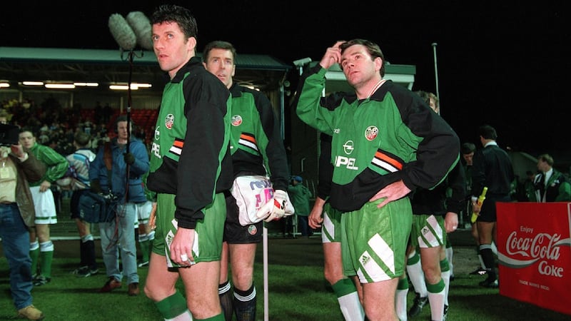 Ireland captain Andy Townsend leads the team out. Photo: Billy Stickland/Inpho