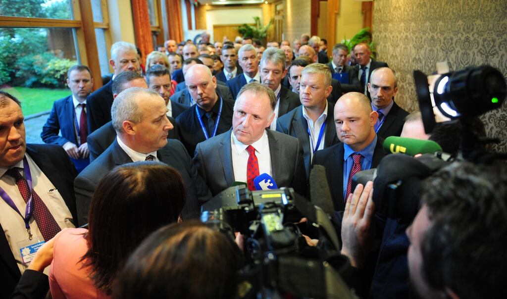 Pat Ennis general secretary of the Garda Representative Association speaking to the media at the Tullamore Court Hotel, Co Offaly. Photograph: James Flynn/APX