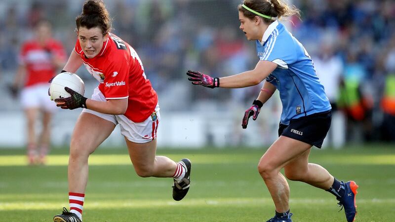 Ciara O’Sullivan with Noelle Healy at the Dublin vs Cork TG4 Ladies Senior All-Ireland Championship final at Croke Park, Dublin 2016. Photograph: Ryan Byrne/©Inpho