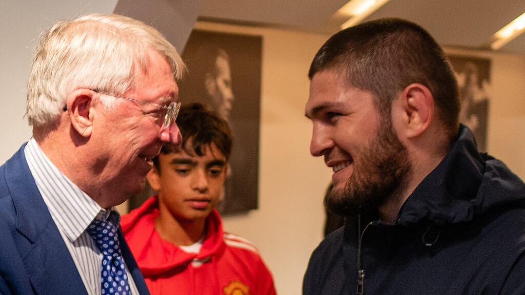 Alex Ferguson met the former mixed martial arts champion and United fan Khabib Nurmagomedov in the directors’ lounge at Old Trafford after the Premier League draw with Everton. Photograph: Ash Donelon/Manchester United via Getty Images