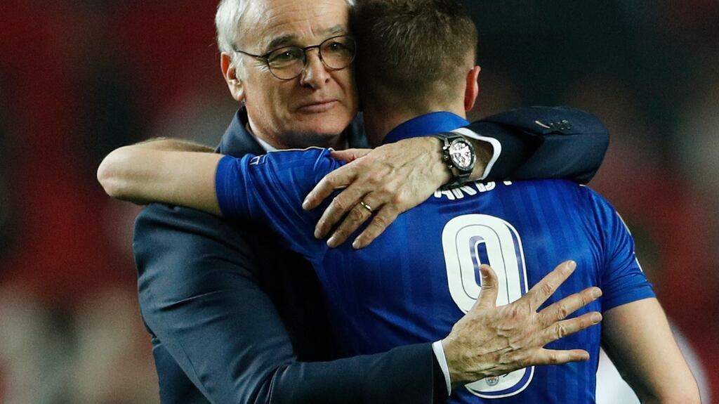 Leicester City’s Jamie Vardy and Claudio Ranieri after Wednesday night’s Champions League match with Sevilla. Photograph: Reuters