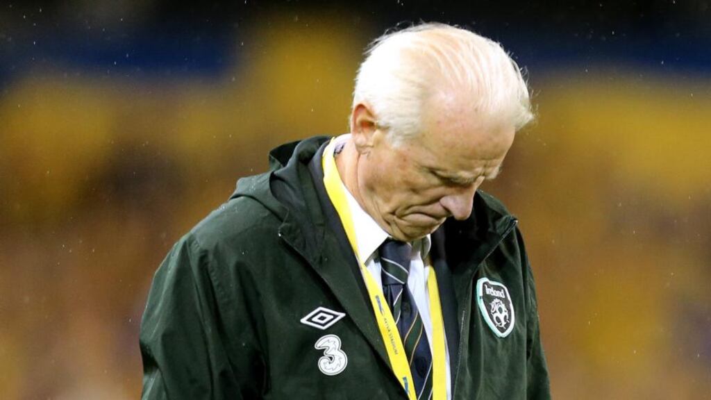 The Republic of Ireland’s dejected manager Giovanni Trapattoni in the closing moments of the World Cup qualification defeat against Sweden. Photograph: James Crombie/Inpho