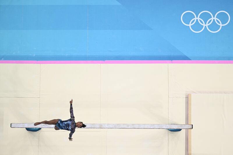 Simone Biles in action. One of the world's great sportspeople at the zenith of her powers. Don't miss the American gymnast in action. Photograph: Paul Ellis/AFP