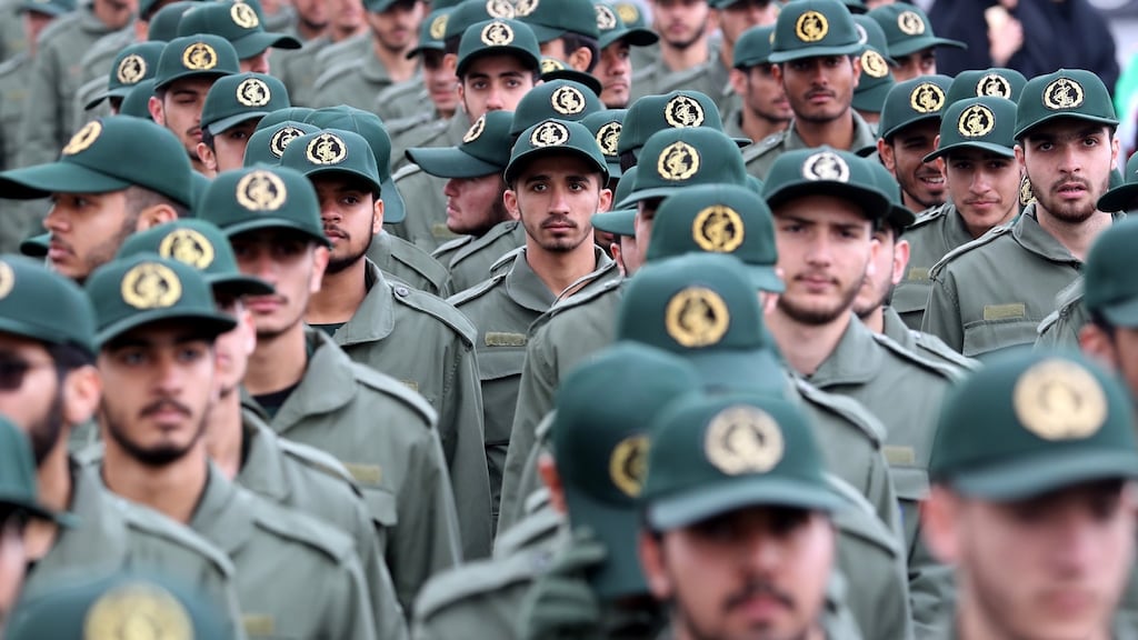 Members of Iranian revolutionary guards corps during a ceremony marking the 40th anniversary of the 1979 Islamic revolution at the Azadi (Freedom) square in Tehran on Sunday. Photograph: Abedin Taherkenareh/EPA