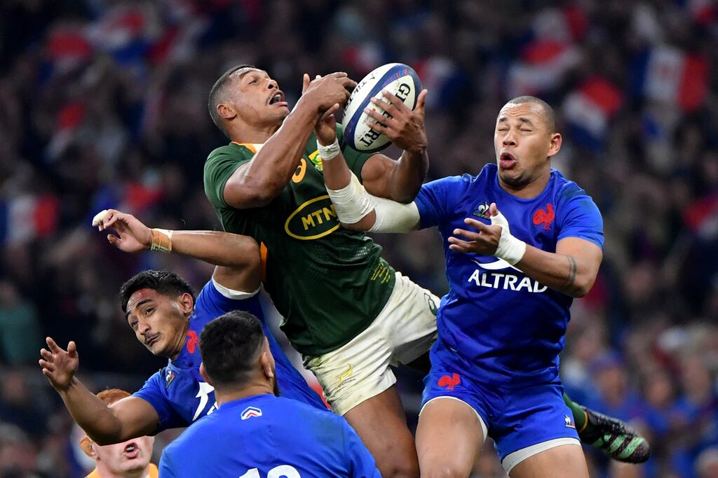 South Africa's outhalf Damian Willemse vies with France's Gael Fickou (right) for the ball in Saturday's Test match. Photograph: Sylvain Thomas/AFP