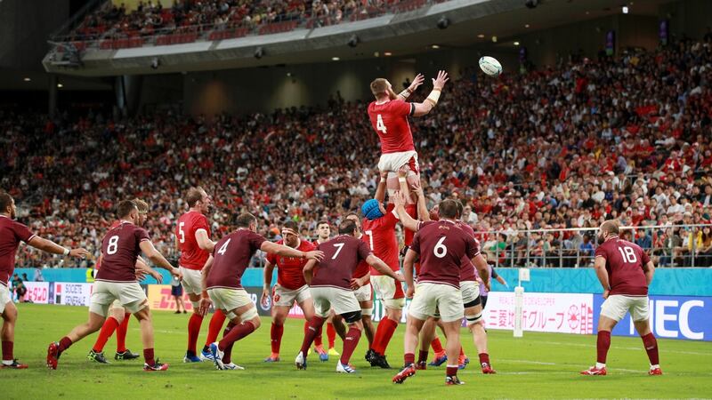 Jake Ball takes a lineout during Wales’ win over Georgia. Photograph: Adam Pretty/Getty