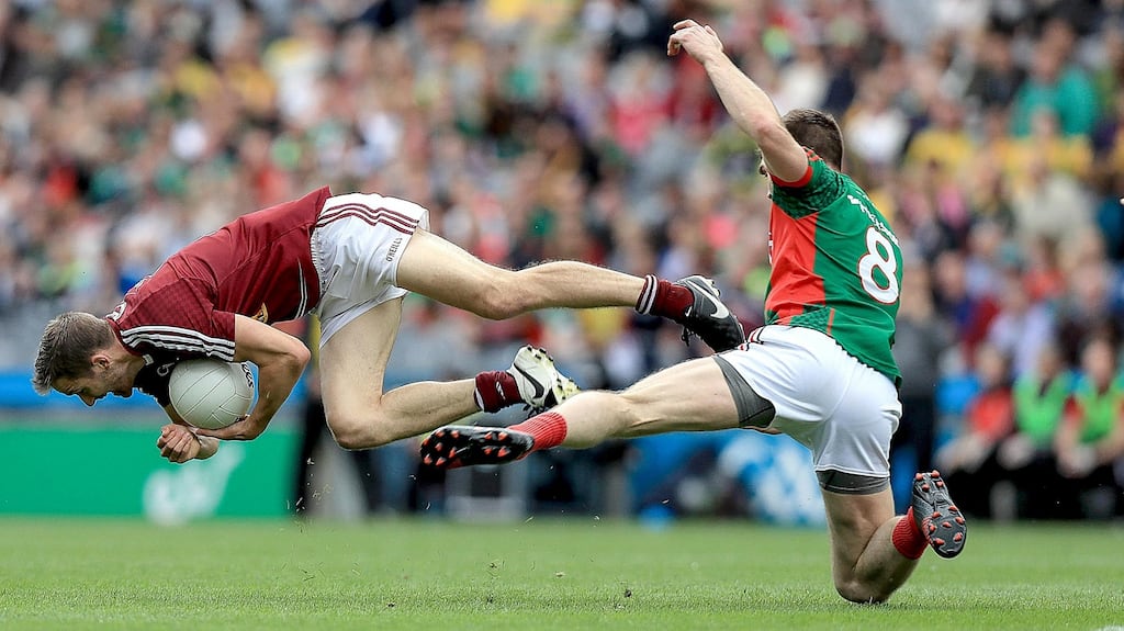 Westmeath’s Kevin Maguire collides with Seamus O’Shea of Mayo during the All-Ireland SFC Round 4B Qualifier at Croke Park. Photograph: Donall Farmer/Inpho