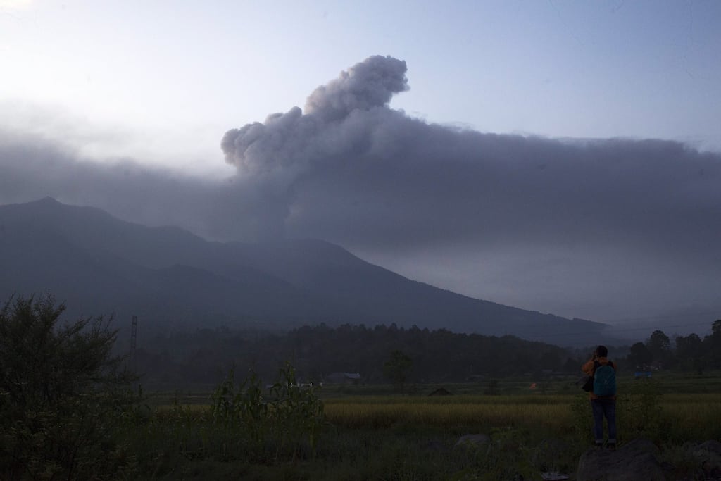 Mount Marapi spews volcanic materials up in the air during an eruption in Agam, West Sumatra, Indonesia on Tuesday. Photograph: Givo Alp/EPA
