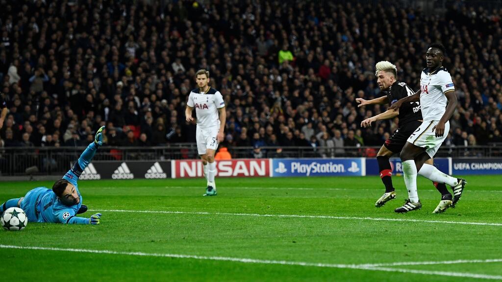 Bayer Leverkusen’s Kevin Kampl scores against Tottenham Hotspur during the Champions League Group E game at Wembley Stadium. Photograph: Dylan Martinez/Reuters/Livepic