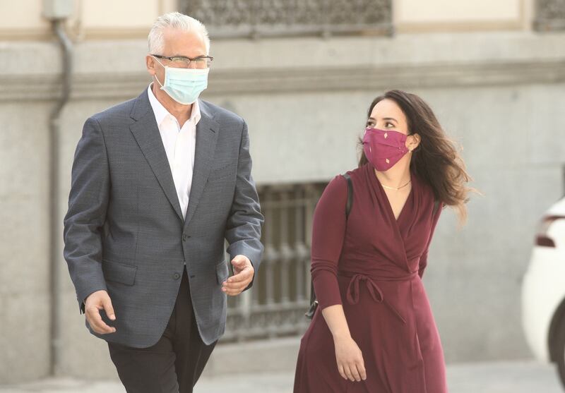 Former magistrate of the National Audience Baltasar Garzon (left) and Julian Assange’s current partner, Stella Morris, arrive at the National Audience on July 27th, 2020 in Madrid, Spain. Photograph: Eduardo Parra/Europa Press via Getty Images