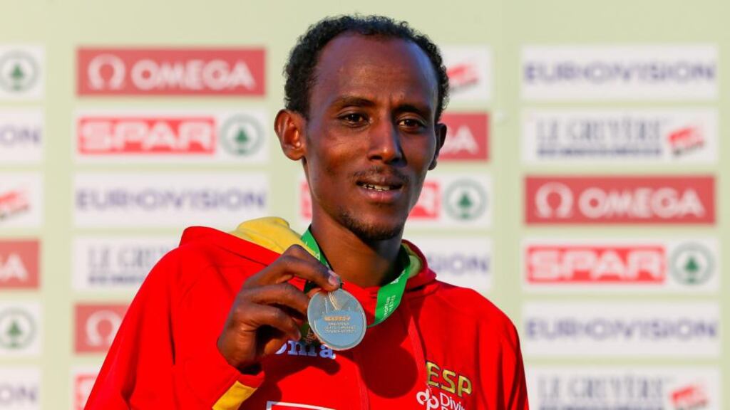 Alemayehu Bezabeh of Spain celebrates winning the men’s 10,000 metres at the European Cross Country Championships in Belgrade last week. Photograph: Koca Sulejmanovic