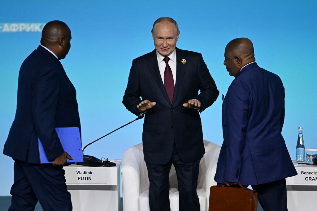 Russian president Vladimir Putin attends the second Russia-Africa summit in St Petersburg on July 27th, 2023. Photograph: PAVEL BEDNYAKOV/POOL/AFP via Getty Images