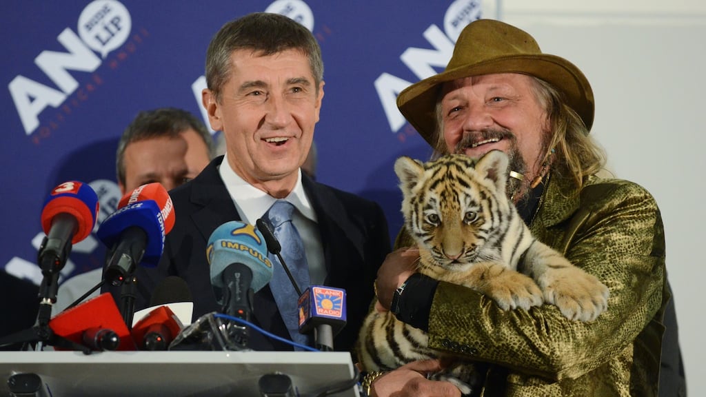 Andrej Babis, leader of the Czech Republic’s populist Ano party, is congratulated by circus owner Jaromir Joo, in 2013 after the party performed strongly in a general election. Photograph: Michal Cizek/AFP/Getty Images