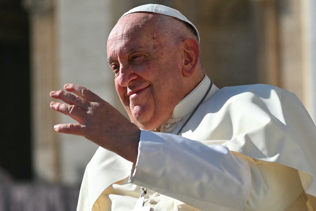 Pope Francis greets the crowd as he leaves at the end of the weekly general audience at Saint Peter's Square in the Vatican on Wednesday. Photograph: Andreas Solaro/AFP via Getty Images
