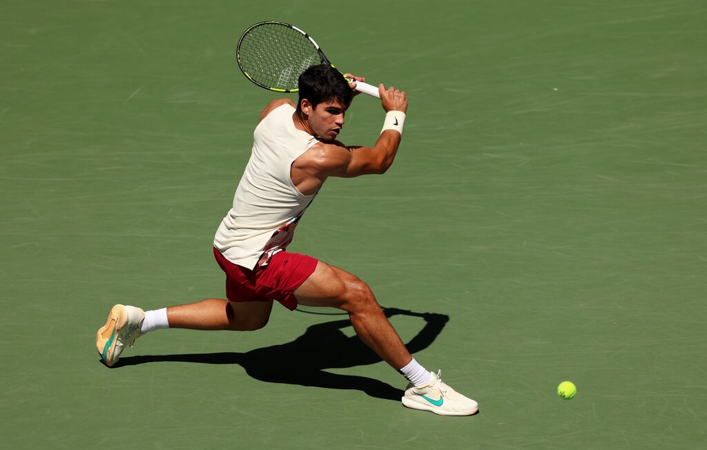 Carlos Alcaraz during his US Open third round match against Daniel Evans. Photograph: Clive Brunskill/Getty Images