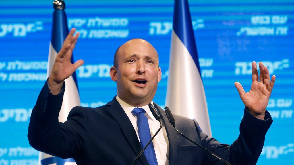 Naftali Bennett, leader of the right-wing Yamina  party, addresses supporters at his party’s campaign headquarters in  Tel Aviv, Israel, earlier this week. Photograph: Gil Cohen-Magen/AFP via Getty Images