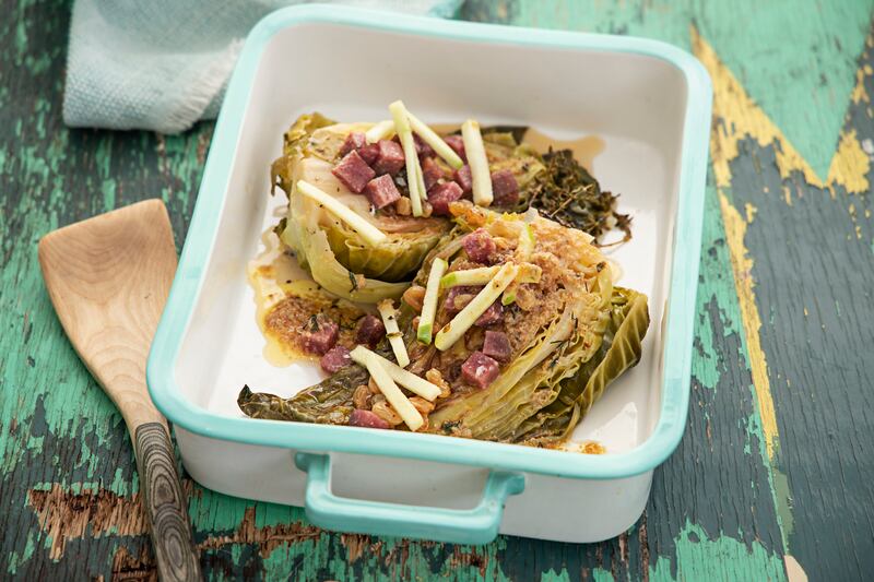 Roasted summer cabbage, salami and apple. Photograph: Harry Weir