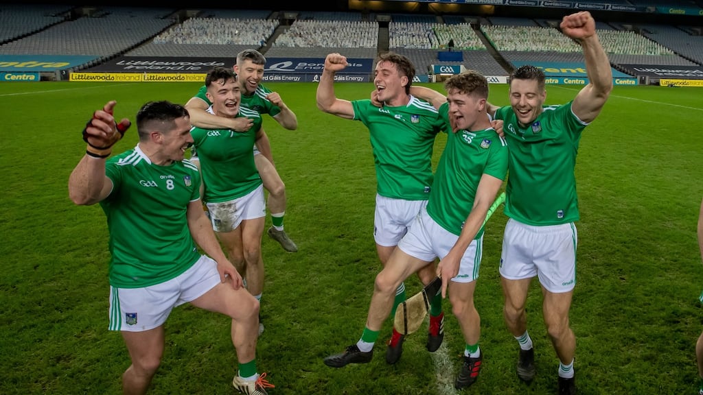 Limerick hurlers celebrate their 2020 All-Ireland win at a vacant Croke Park. Photograph: Morgan Treacy/Inpho