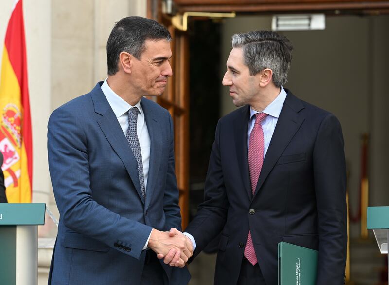 The boy done well: Spain's prime minister Pedro Sánchez and Taoiseach Simon Harris on Friday. Photograph: Brian Meade/EPA