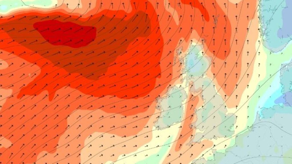 A wind map from midday on Friday showing the movement of Storm Dennis off the west coast of Ireland. Image: Magicseaweed