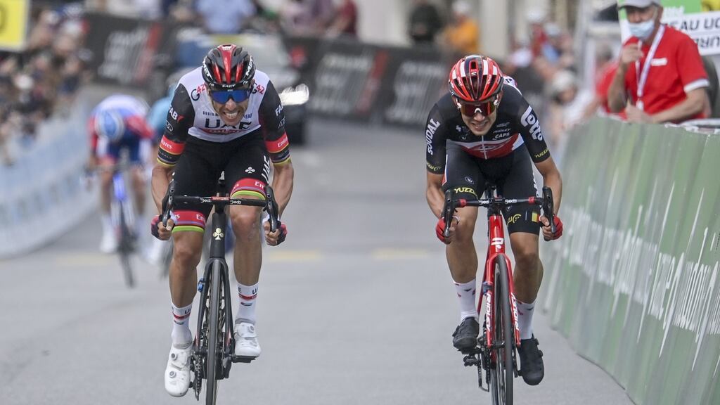 Portugal’s Rui Costa (left) gets home ahead of Denmark’s Andreas Kron on stage six at the Tour de Suisse from Andermatt to Disentis-Sedrun. The placings were later reversed due to an infringement from the Portuguese rider. Photograph: Gian Ehrenzeller/EPA