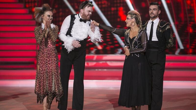 Broadcaster and comedian Bernard O’Shea and Valeria Milova are voted off after a dance off with Erin McGregor and Ryan McShane. Photograph: Kyran O’Brien/RTÉ