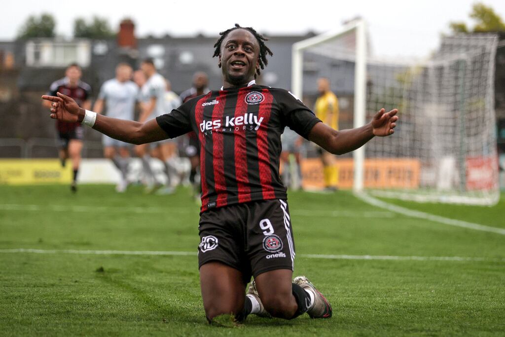 Bohemians' Jonathan Afolabi celebrates scoring the opening goal during the FAI Cup first-round game against Shelbourne at Dalymount Park. Photograph: Laszlo Geczo/Inpho
