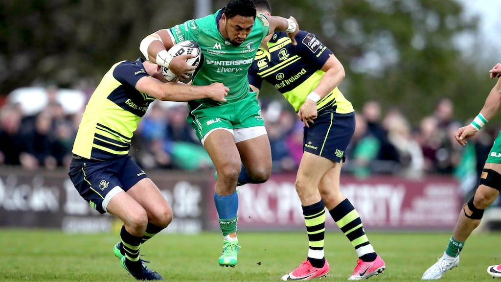 Bundee Aki in action during the Guinness Pro 12 game against Leinster at the Sportsground. Photograph: Ryan Byrne/Inpho