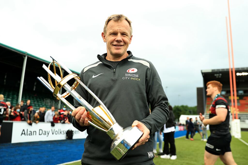 Saracens director of rugby Mark McCall celebrates with the trophy after winning the 2021 Championship. Photograph: David Rogers/Getty Images
