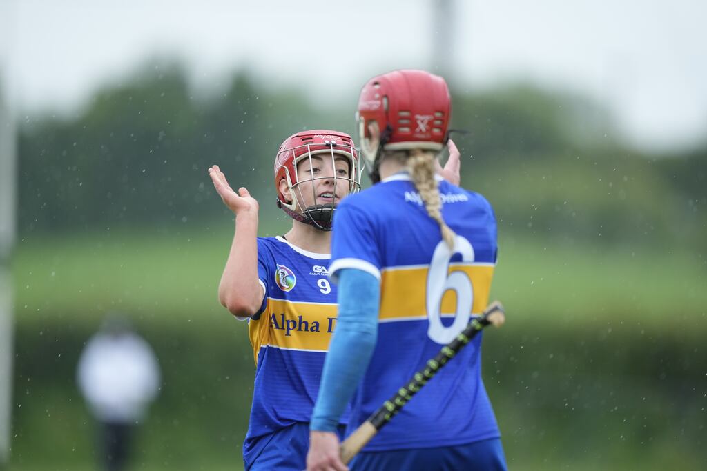 Karin Blair celebrates with Tipperary team-mate Karen Kennedy during the Glen Dimplex All-Ireland senior camogie championship match at The Ragg. Photograph: James Lawlor/Inpho
