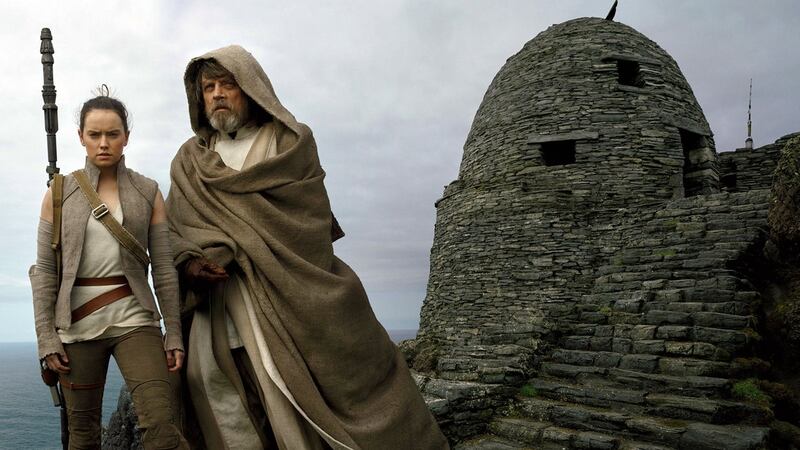 Daisy Ridley and Mark Hamill on Skellig Michael in a scene from Star Wars: The Last Jedi