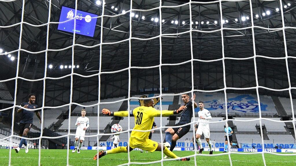 Ferran Torres scores for Manchester City in the Champions League Group C e match against Olympique de Marseille at Stade Velodrome. Photograph: Alex Caparros/Getty Images