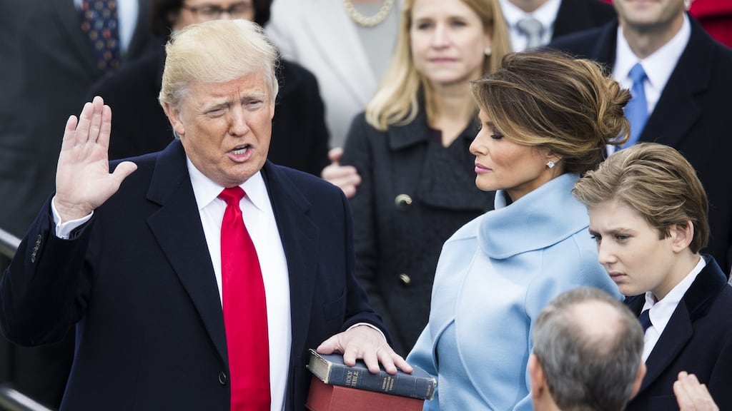 Donald Trump takes the oath of office to become the 45th President of the United States of America. Photograph: Samuel Corum/Anadolu Agency/Getty Images