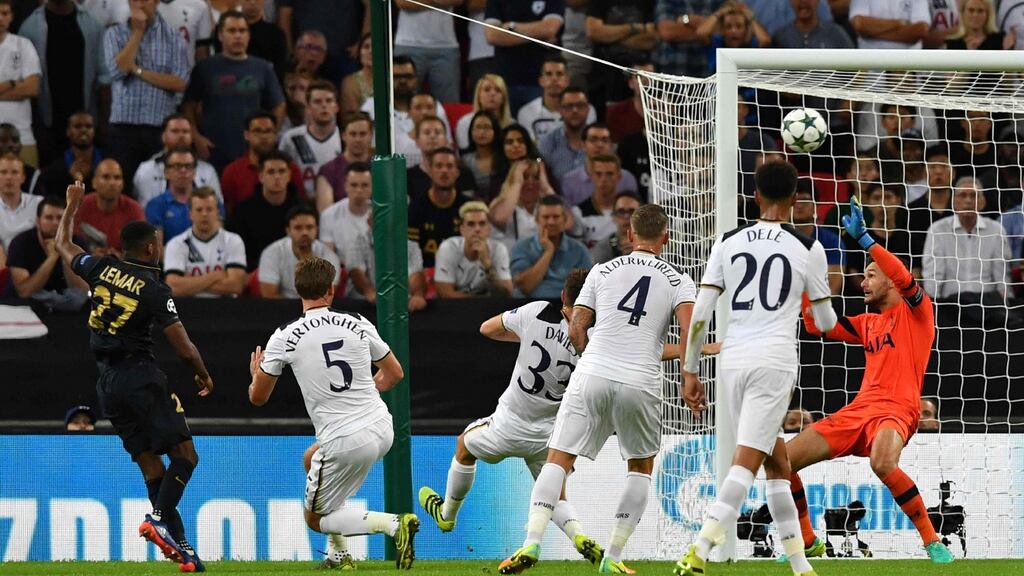 Monaco’s Thomas Lemar beats Tottenham Hotspur’s goalkeeper Hugo Lloris during the UEFA Champions League group E match. Photo: Ben Stansall/Getty Images