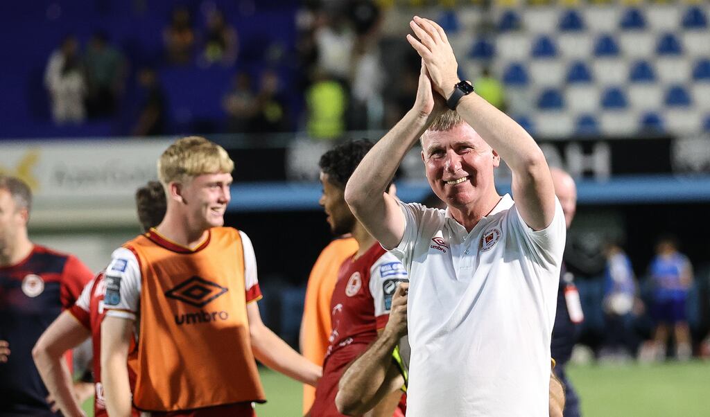 Pats’ manager Stephen Kenny celebrates after his team beat Sabah. Photograph: Aleksandar Djorovic/Inpho