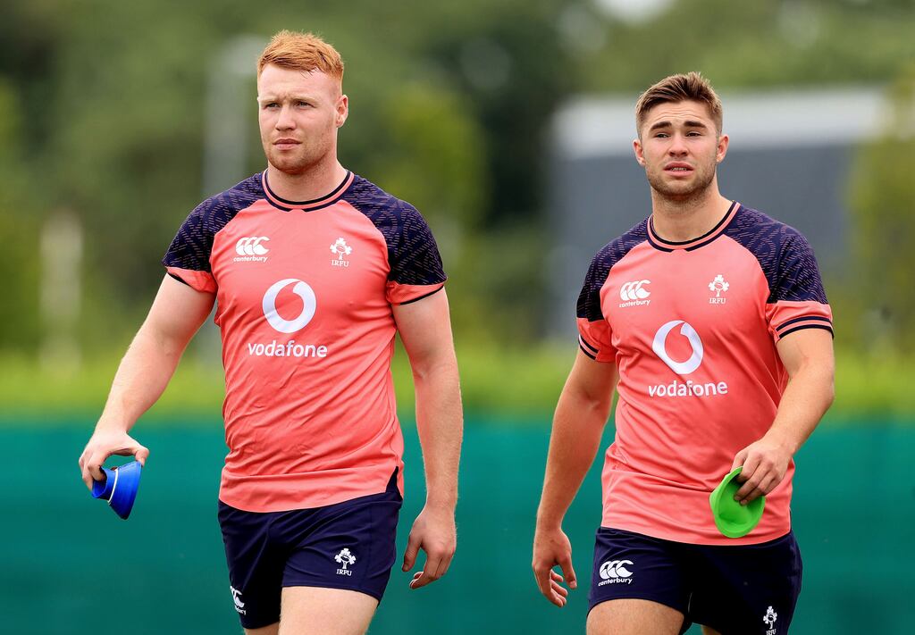 Ciaran Frawley and Jack Crowley at training with the Irish squad at the IRFU High Performance Centre, Dublin. Photograph: INPHO/Dan Sheridan
