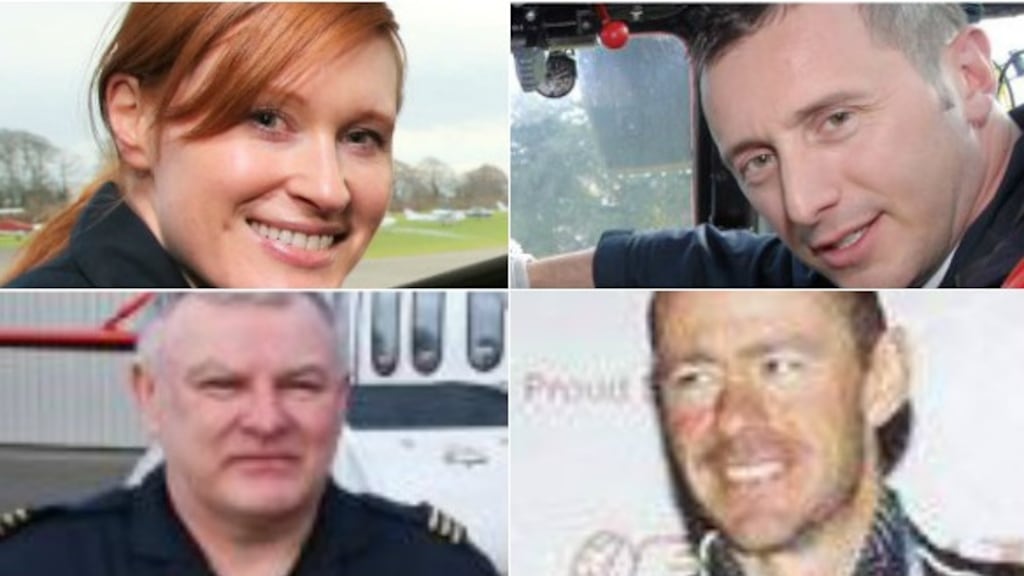 Helicopter crew (clockwise): Capt Dara Fitzpatrick and the three crew members still missing, Mark Duffy, Ciarán Smith and Paul Ormsby.