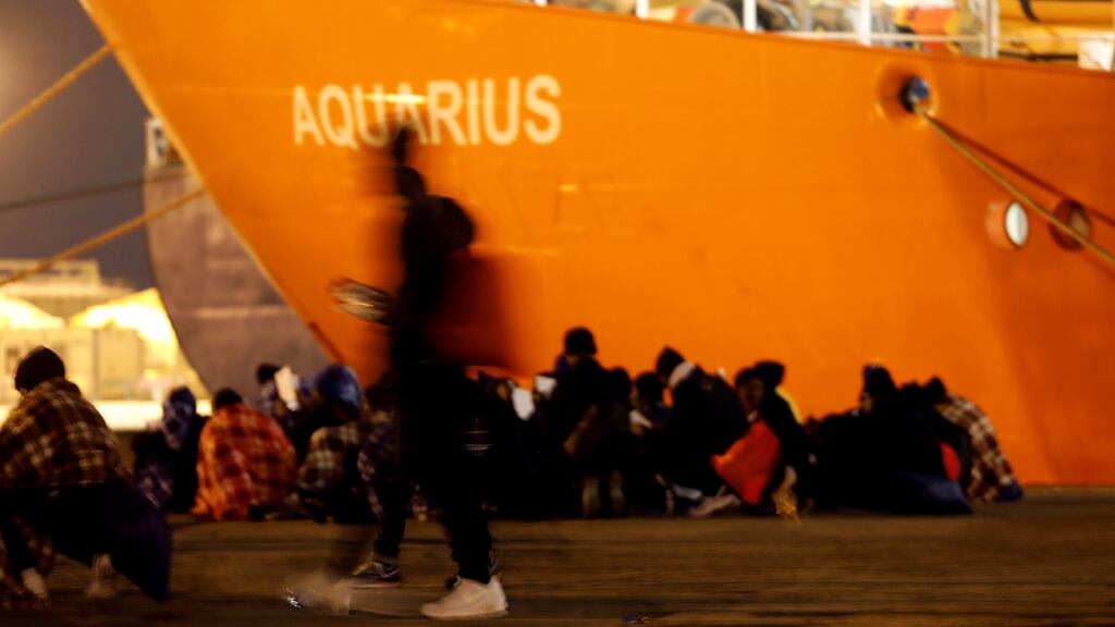 Migrants disembark from the 'Aquarius' in Sicily in January 2018. Italy is planning to refuse the vessel permission to dock. Photograph: Antonio Parrinello