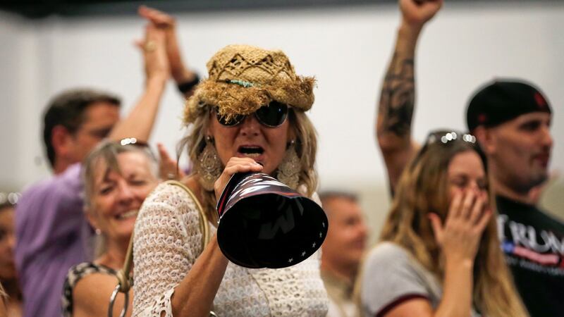 A supporter of Republican presidential nominee Donald Trump screams at members of the media working in a press area at a Trump campaign rally in West Palm Beach, Florida. Photograph: Mike Segar/Reuters