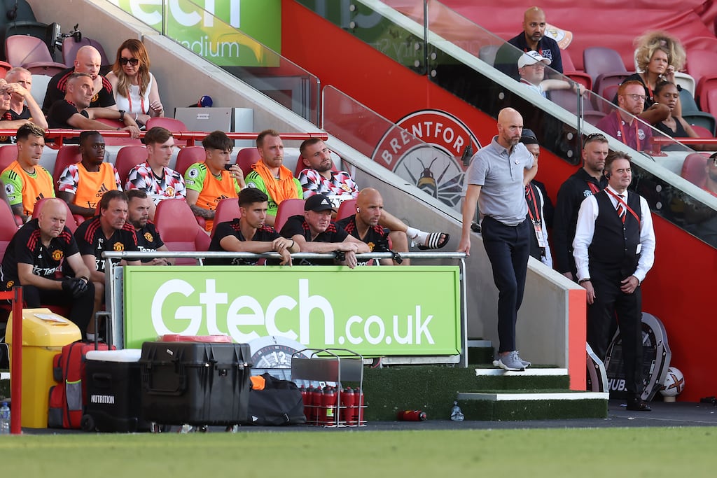 Manchester United manager Erik ten Hag looks on during the Premier League loss against Brentford. Photograph: Catherine Ivill/Getty Images
